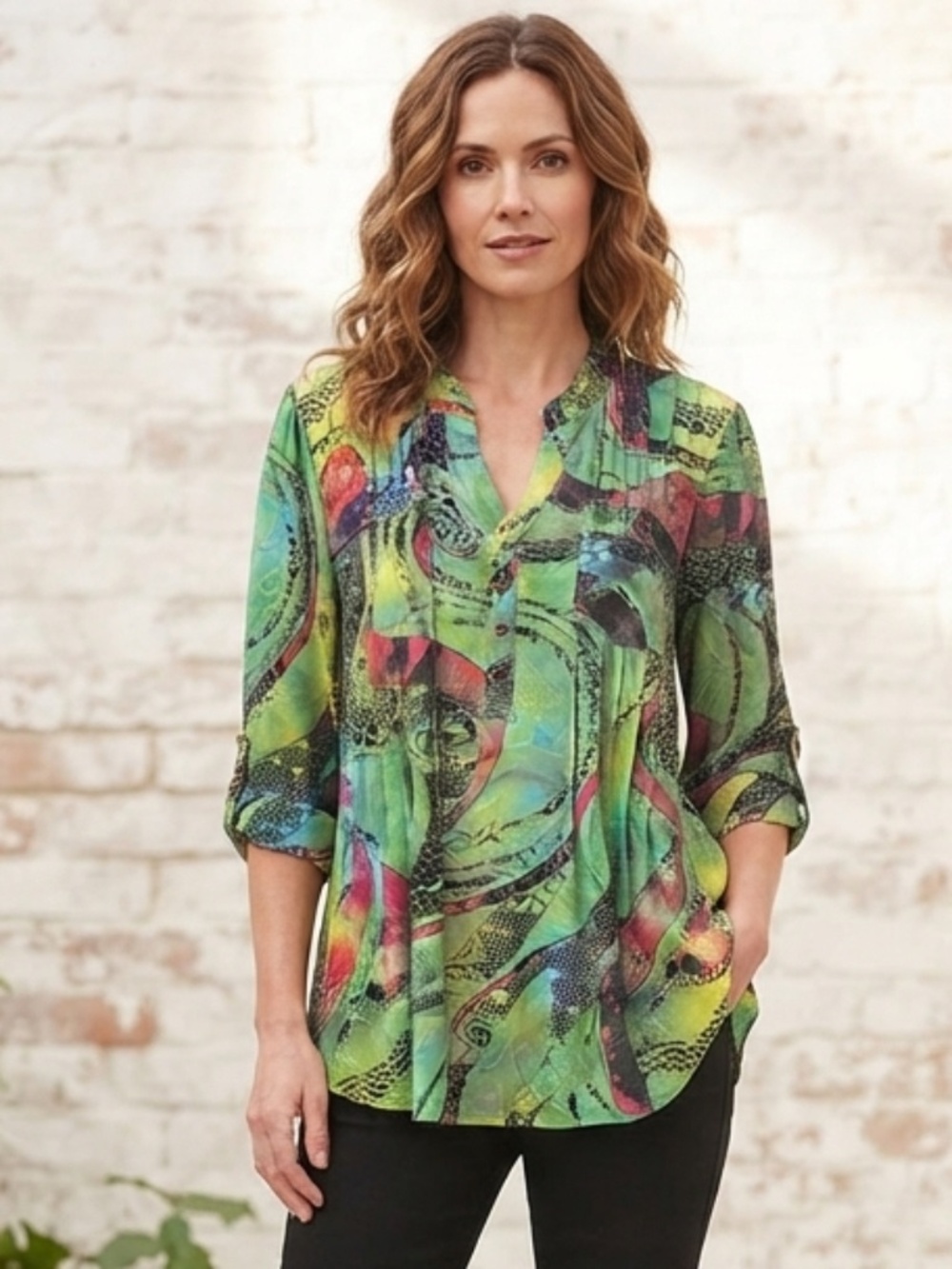 Vibrant Abstract Mixed Print Tunic - Boho Artsy Roll-Tab Sleeve Top M